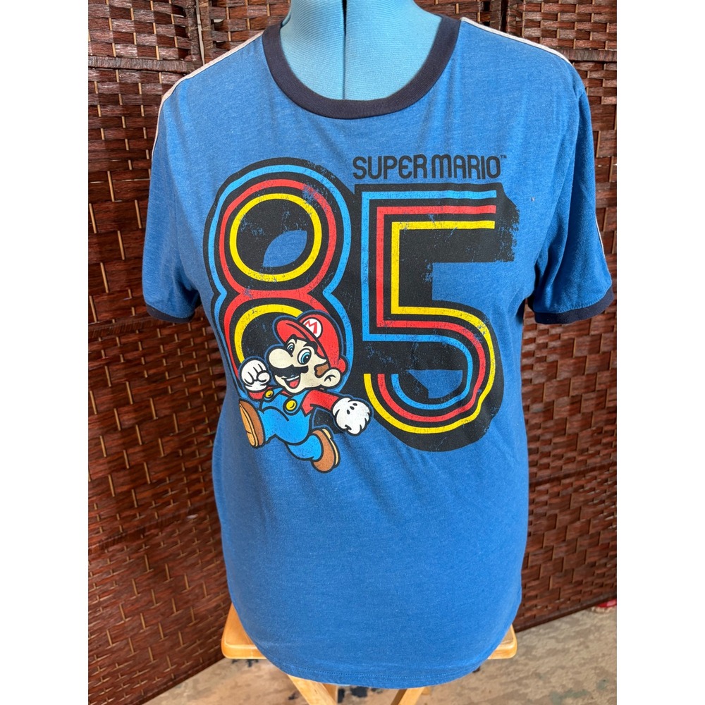 Nintendo Super Mario 85 Graphic Ringer T-Shirt Blue Retro Gaming Mens Large